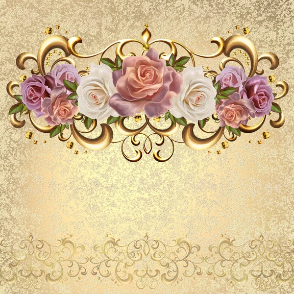 Bouquet of pink and pastel roses in a gold frame. Old style. Gold weave. Floral background. — Stock Photo, Image