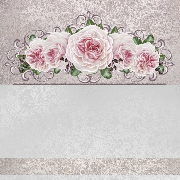 Bouquet of pink flowers camellia in a silver frame. Silver weave. Floral background. — Stock Photo, Image