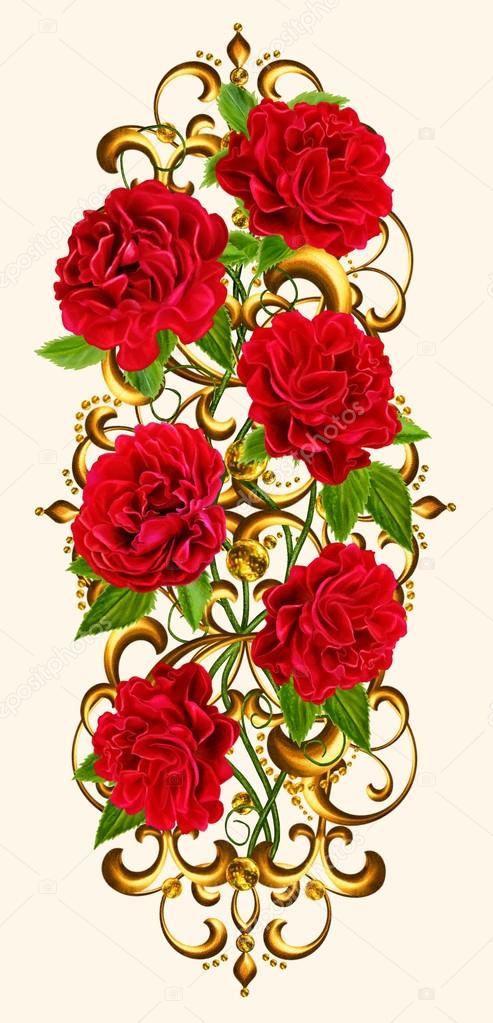 composition of red roses in a gold frame. Old style. Pastel shades. Floral background.