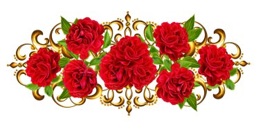 Altın Çerçeve içinde kırmızı gül bileşimi. Eski stil. İzole. Beyaz arka plan.