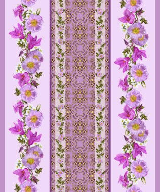 Dikey çiçek sınır. Desen, sorunsuz. Eski stil. Pembe güller ve altın örgü Kızıl çiçek çiçek çelenk.