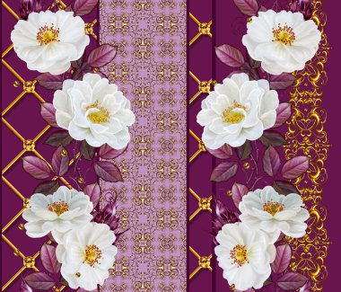 Dikey çiçek sınır. Desen, sorunsuz. Eski stil. Beyaz güller çiçek çelenk. Altın örgü.