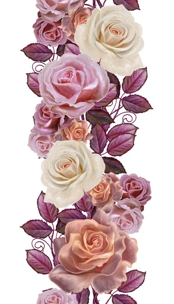 Vertical floral border. Pattern, seamless. Old style. Garland of pastel roses. Isolated. — Stock Photo, Image