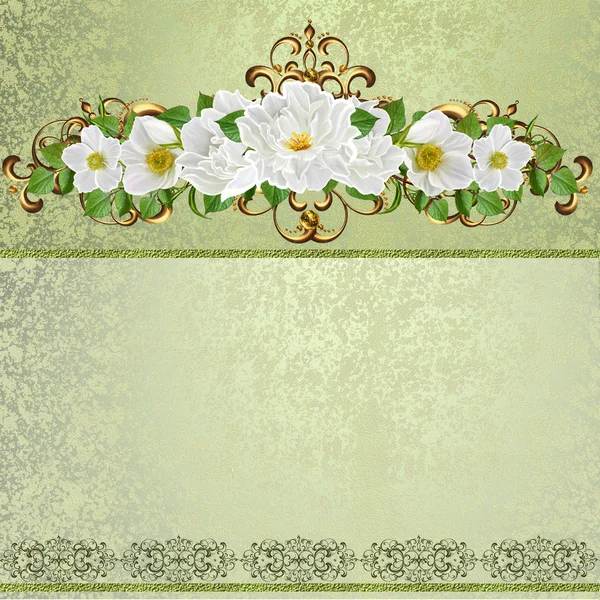 Flower garland of white flowers. Gold weave. Old style.