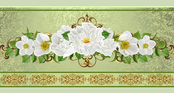 Guirlanda flor de flores brancas. Tecelagem dourada. Velho estilo. Fundo floral. Fronteira floral horizontal. Padrão, sem costura . — Fotografia de Stock