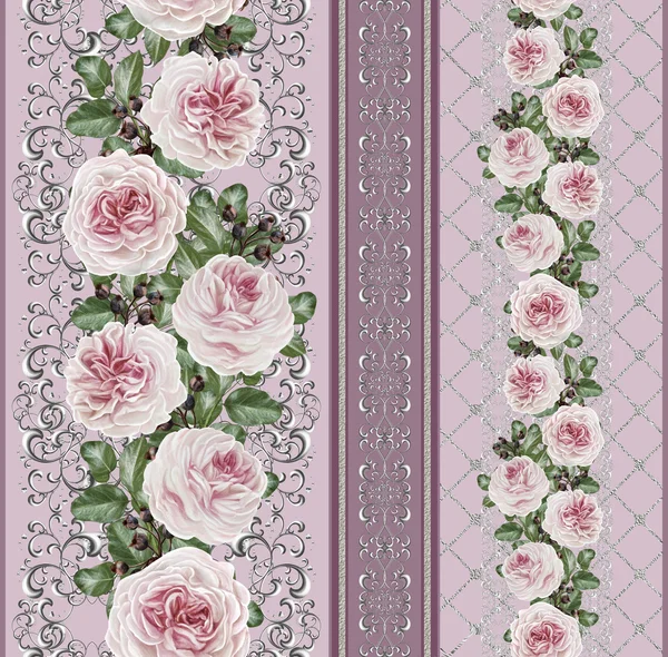 Verticale floral rand. Patroon, naadloze. Oude stijl, gouden rand, gouden mozaïek. Flower garland van roze Camelia's op een zilveren achtergrond. Zilveren geweven. — Stockfoto