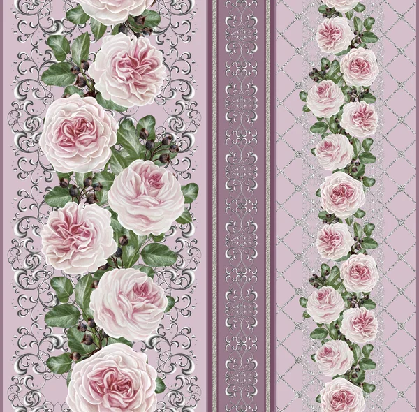 Vertical floral border. Pattern, seamless. Old style,  gold border, gold mosaic. Flower garland of pink camellias on a silver background. Silver weave.