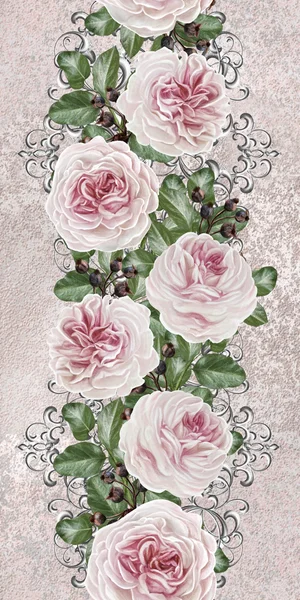 Borda floral vertical. Padrão, sem costura. Estilo antigo, borda dourada, mosaico dourado. Guirlanda de flor de camélias rosa em um fundo de prata. Tecelagem de prata . — Fotografia de Stock