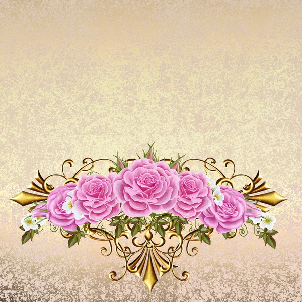골드 프레임에 핑크와 파스텔 장미 꽃다발. 오래 된 스타일입니다. 골드 직물. — 스톡 사진