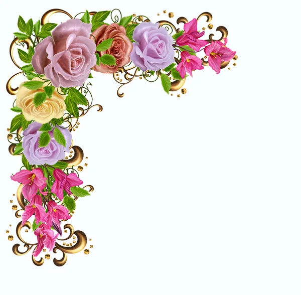 Fond floral. Vieux millésime. Isolé. Cadre d'angle doré tressage. Des roses pastel. Guirlande de fleurs . — Photo