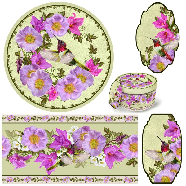 Instellen voor verpakking. Ronde doos. Label. decoupage. Florale achtergrond. Bloemen. Patroon. Mozaïek. tak van bloeiende roze wilde roos, kleine vogels, kolibries. — Stockfoto