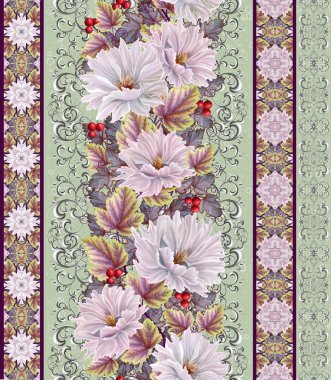 Dikey çiçek sınır. Desen, sorunsuz. Eski stil, altın sınır, altın Mozaik. Beyaz ve pembe dahlia çiçek çelenk.