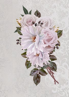 Vintage kartpostal. Eski stil. Buket gül, kamelya pastel bir arka plan üzerinde. Çiçek arka plan.