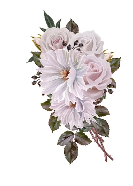 Cartolina vintage. Alla vecchia maniera. Bouquet di rose, camelie su sfondo pastello. Sfondo floreale. Isolato . — Foto Stock