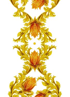 Desen, sorunsuz. Eski stil, stilize çiçek ve yaprakları, kıvrımlar, altın örgü. Dikey çiçek sınır. İzole.