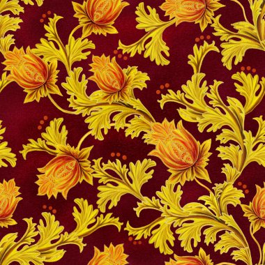 Desen, sorunsuz. Eski stil, stilize çiçek ve yaprakları, kıvrımlar, altın örgü, siyah tuval.