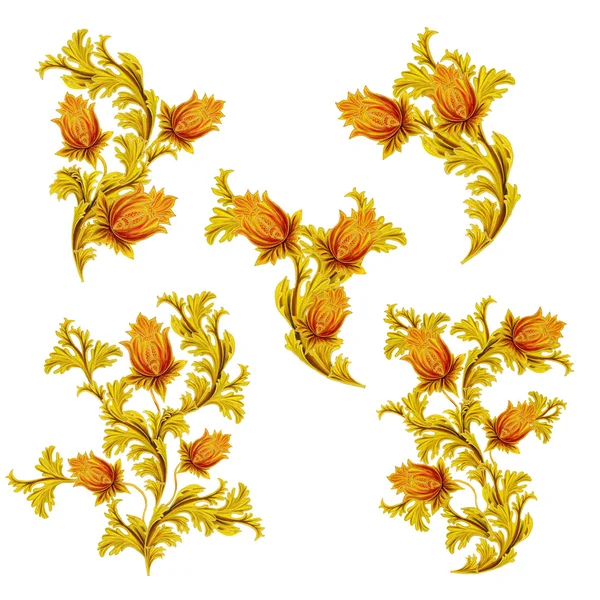 Estilo antigo, flores estilizadas e folhas, redemoinhos, trança de ouro, definido em um fundo branco, isolado . — Fotografia de Stock