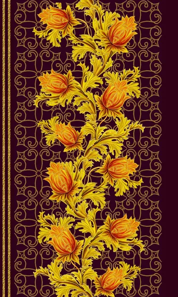 Mönster, sömlös. Gammal stil, stiliserade blommor och blad, swirls, guld fläta, svart canvas. Vertikal blommig kant. — Stockfoto