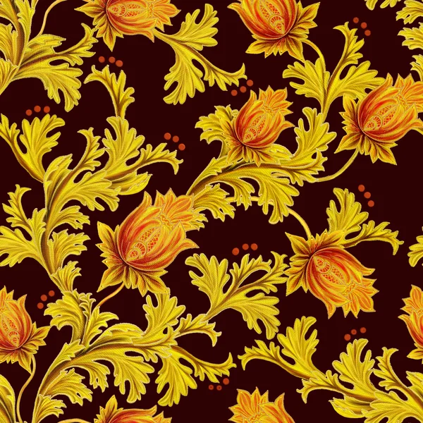 シームレス パターン。古いスタイル、様式化された花し、葉、まんじ、ゴールド編組、黒のキャンバス. — ストック写真