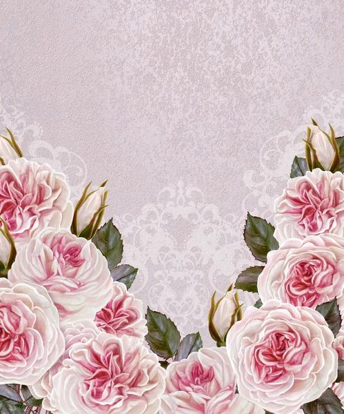 Floral bakgrund. Inbjudningskort. En bukett blommor, rosa rosor, pastellfärger. — Stockfoto