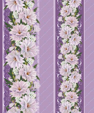 Dikey çiçek sınır. Desen, sorunsuz. Eski stil, gümüş kaldırıma, parlak Mozaik. Beyaz ve pembe dahlia çiçek çelenk.