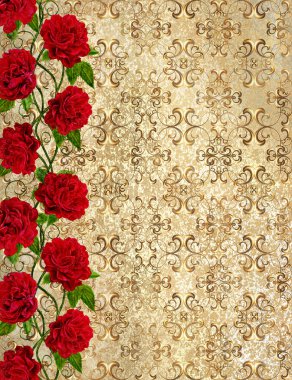 Şekiller, damask deseni, eski stil sesleri zarif altın arka plan. Garland kırmızı gül. Çiçek arka plan.