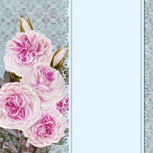 Cartolina vintage. Alla vecchia maniera. Bouquet di rose, camelie su sfondo pastello, biglietto d'invito — Foto Stock