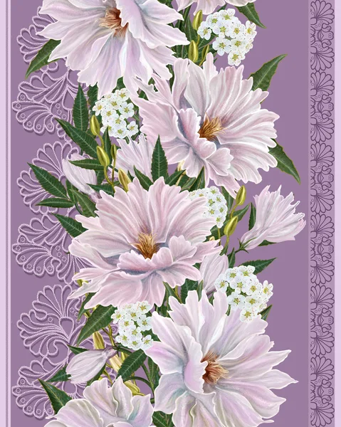 Verticale floral rand. Patroon, naadloze. Oude stijl, zilveren curb, lichtgevende mozaïek. Bloem slinger van witte en roze dahlia. — Stockfoto
