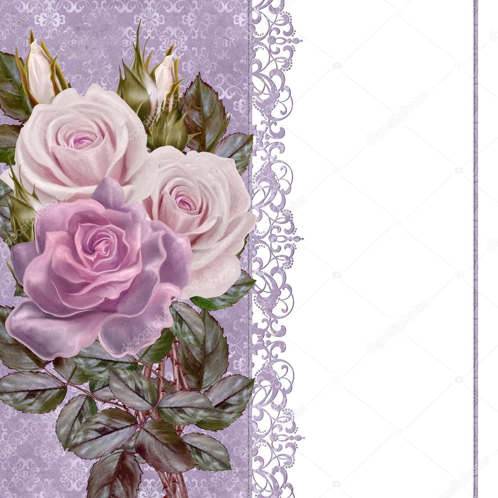 Vintage postcard. Old style. Bouquet of roses on a pastel background, invitation card.