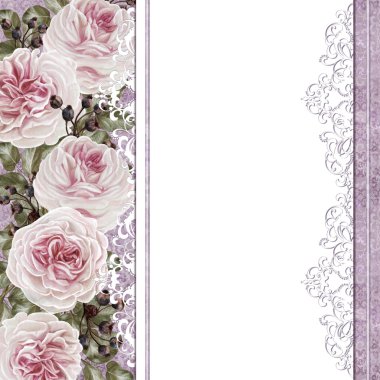 Vintage kartpostal. Eski stil. Pastel bir arka plan, davetiye üzerine gül buketi.