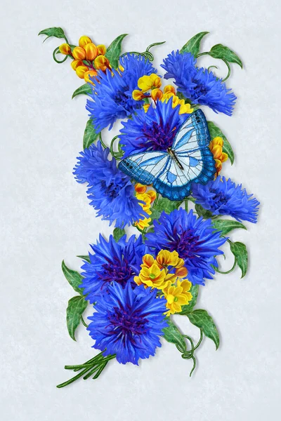 Květinová kompozice. Kytice z chrpy modré a žluté dřišťál. Motýl. — Stock fotografie