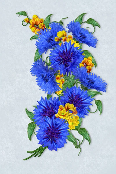 Blütenkomposition. Strauß blauer Kornblumen und gelber Widerhaken — Stockfoto