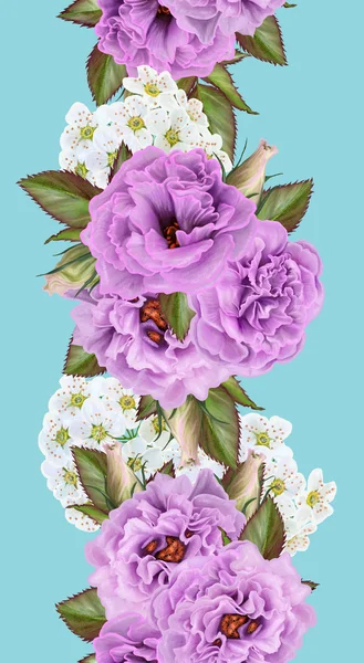 Motif, sans couture. Bordure florale verticale. Guirlande de fleurs de roses violettes et de fleurs blanches. Isolé . — Photo