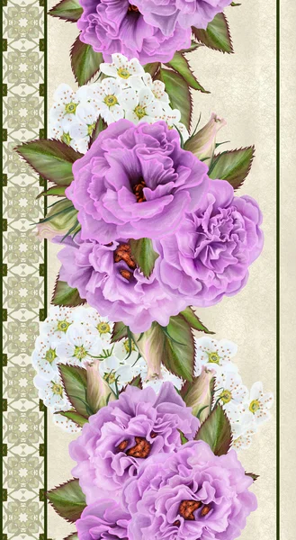 Schema, senza soluzione di continuità. Bordo floreale verticale. Ghirlanda di fiori di rose viola e fiori bianchi . — Foto Stock
