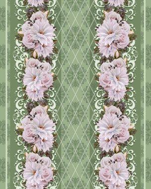 Dikey çiçek sınır. Desen, sorunsuz. Eski stil. Buket çiçek pembe Gül ve pastel Dahlia.
