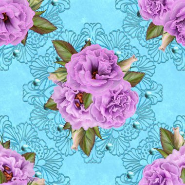 Desen, sorunsuz. Eski stil. Çiçek arka plan. Dokuma, dantel, mozaik sorun değil. Lila gül buket.