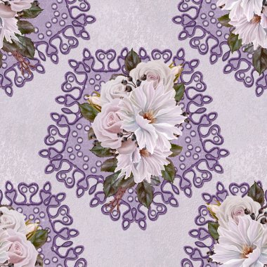 Desen, sorunsuz. Eski stil. buket çiçekler ve pastel pembe güller, dahlia. Çiçek arka plan. Dokuma, dantel, mozaik güzel.