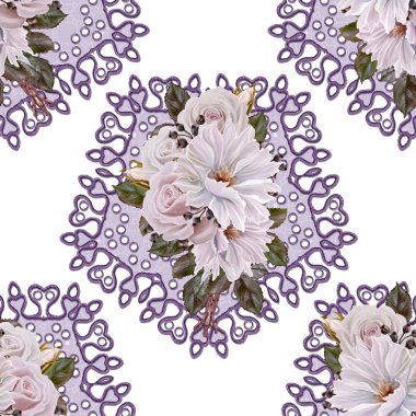 Desen, sorunsuz. Eski stil. buket çiçekler ve pastel pembe güller, dahlia. Çiçek arka plan. Dokuma, dantel, mozaik güzel.