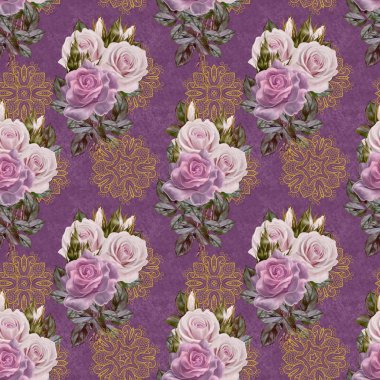 Desen sorunsuz. Eski stil. çiçekler ve pastel pembe gül buketi. Çiçek arka plan. İyi dokuma dantel Mozaik.