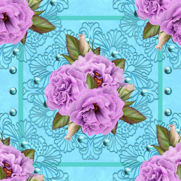 Pattern, seamless. Old style. Floral background. Fine weaving, lace, mosaic. Bouquet of flowers of lilac roses. — Stock Photo, Image