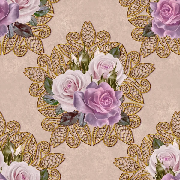 Pattern, seamless. Old style. bouquet of flowers and pastel pink roses. Floral background. Fine weaving, lace, mosaic. — Stock Photo, Image