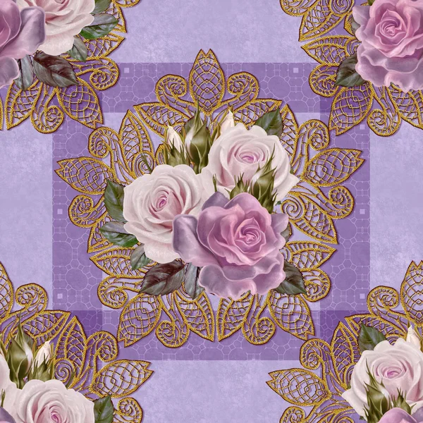 Patrón, sin costuras. Estilo antiguo. ramo de flores y rosas de color rosa pastel. Fondo floral. Tejido fino, encaje, mosaico . —  Fotos de Stock