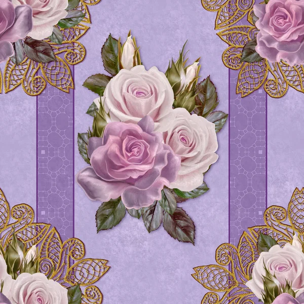 Motif, sans couture. À l'ancienne. bouquet de fleurs et de roses rose pastel. Fond floral. Tissage fin, dentelle, mosaïque . — Photo