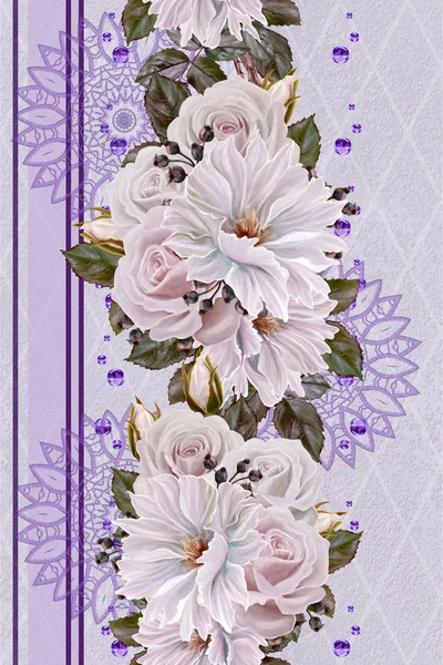 Vertical floral border. Pattern, seamless. Old style. ouquet of flowers pink dahlia and pastel roses. — Stock Photo, Image