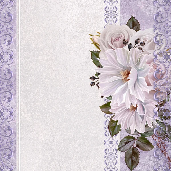 Buket çiçek. Pembe ve pastel gül aranjman. Vintage kartpostal. Eski stil. Çiçek arka plan, davetiye.