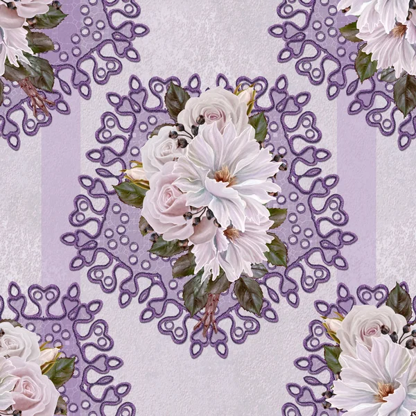 Desen, sorunsuz. Eski stil. buket çiçekler ve pastel pembe güller, dahlia. Çiçek arka plan. Dokuma, dantel, mozaik güzel.