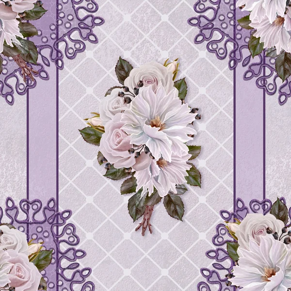 Patrón, sin costuras. Estilo antiguo. ramo de flores y rosas de color rosa pastel, dalia. Fondo floral. Tejido fino, encaje, mosaico . — Foto de Stock