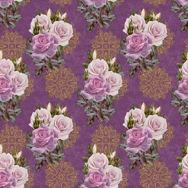 Naadloze patroon. Oude stijl. boeket van bloemen en pastel roze rozen. Florale achtergrond. Fijne weven lace mozaïek. — Stockfoto