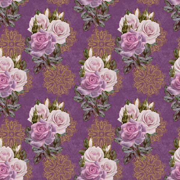 Padrão sem costura. Velho estilo. buquê de flores e rosas rosa pastel. Fundo floral. Tecelagem fina laço mosaico . — Fotografia de Stock