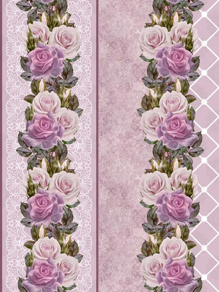 Vertical floral border. Pattern, seamless. Old style. Garland of pink and pastel roses. Delicate swirls, lace. — Stock Photo, Image